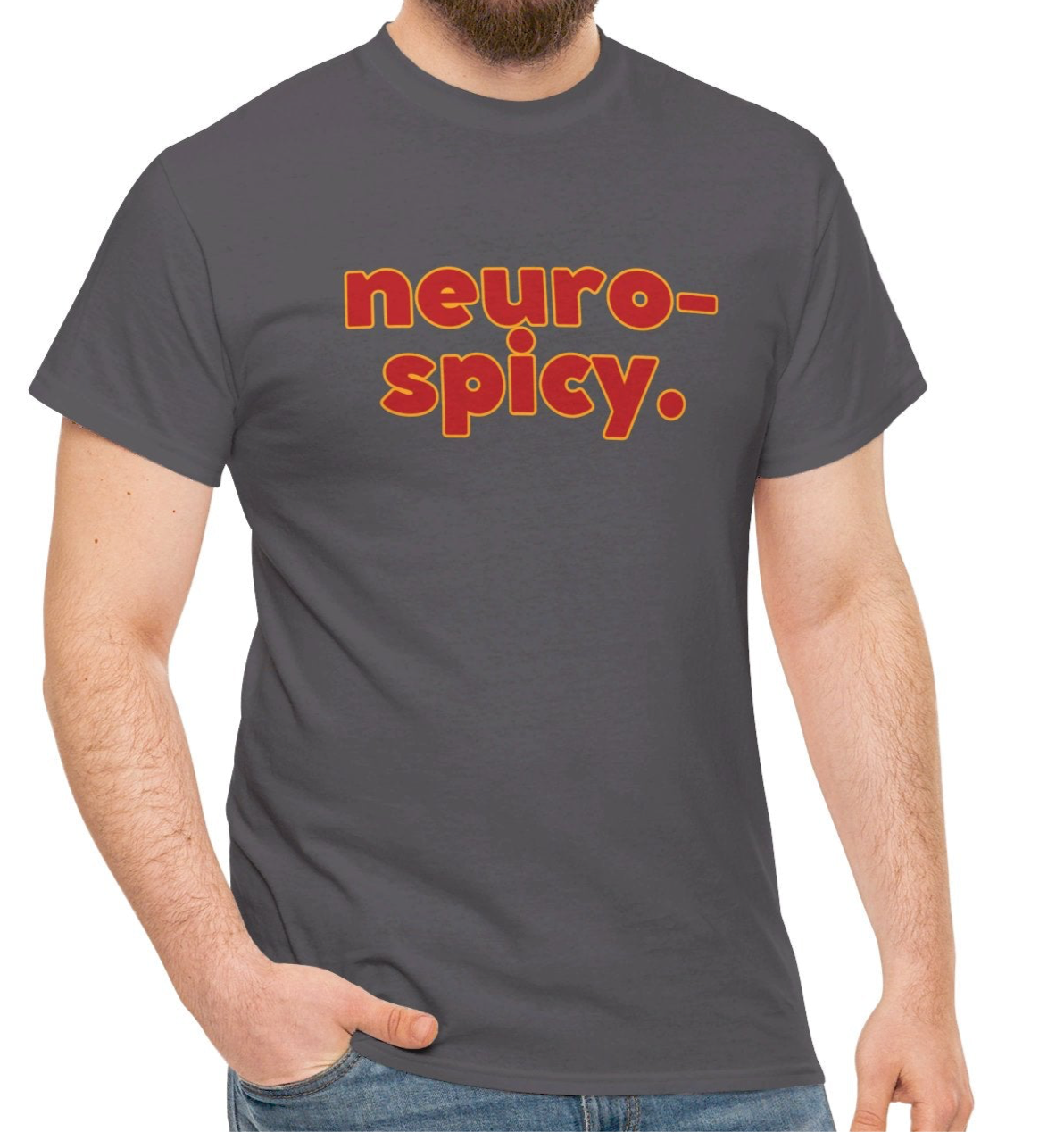 A person wearing a dark grey T-shirt with the text "Neuro-Spicy" in retro-style lettering. Part of the Vivid Divergence Sensory Friendly Unisex Tees Range.