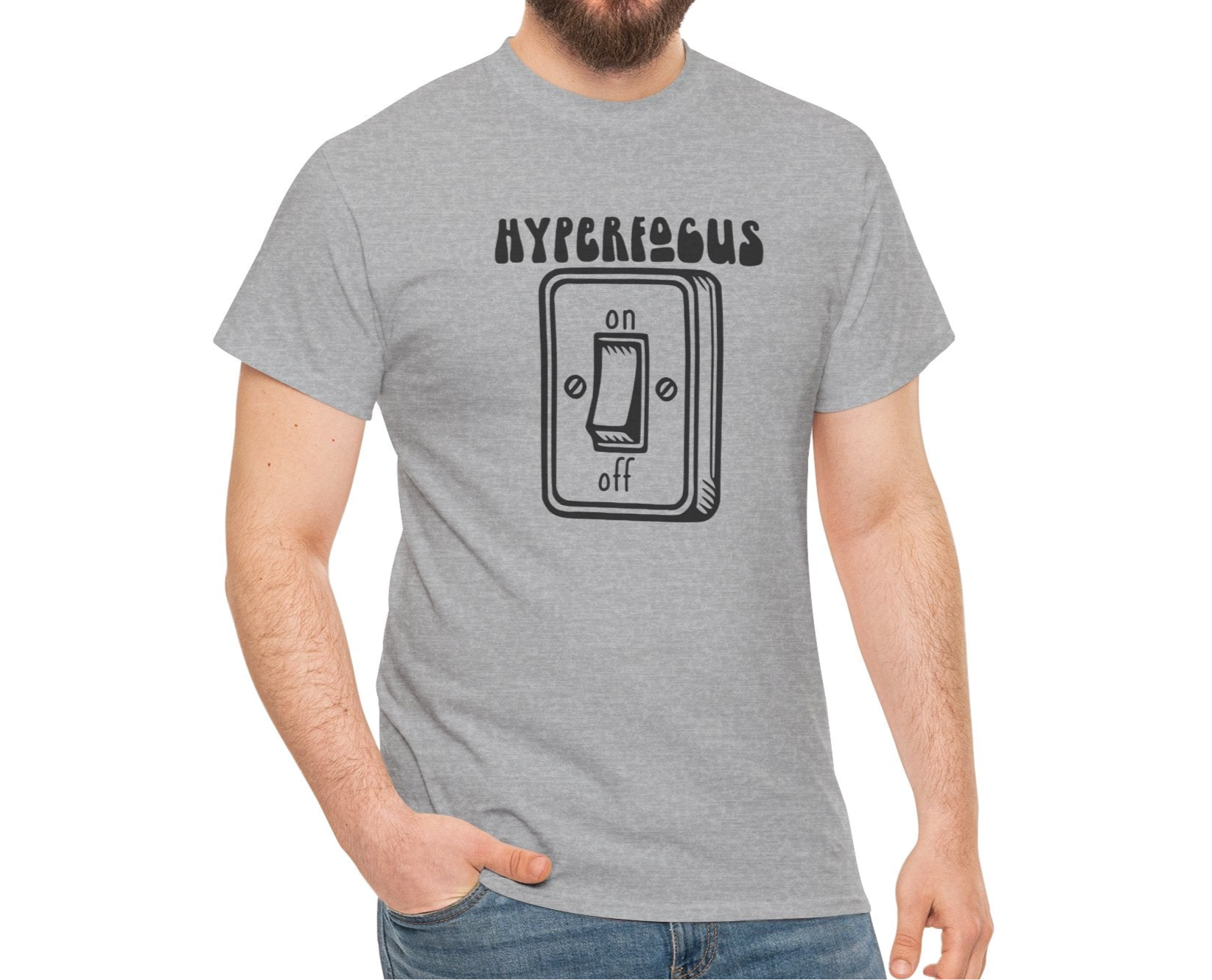 A person wearing a grey T-shirt with the text "Hyperfocus" and an on/off switch graphic design. Part of the Vivid Divergence Sensory Friendly Unisex Tees Range.