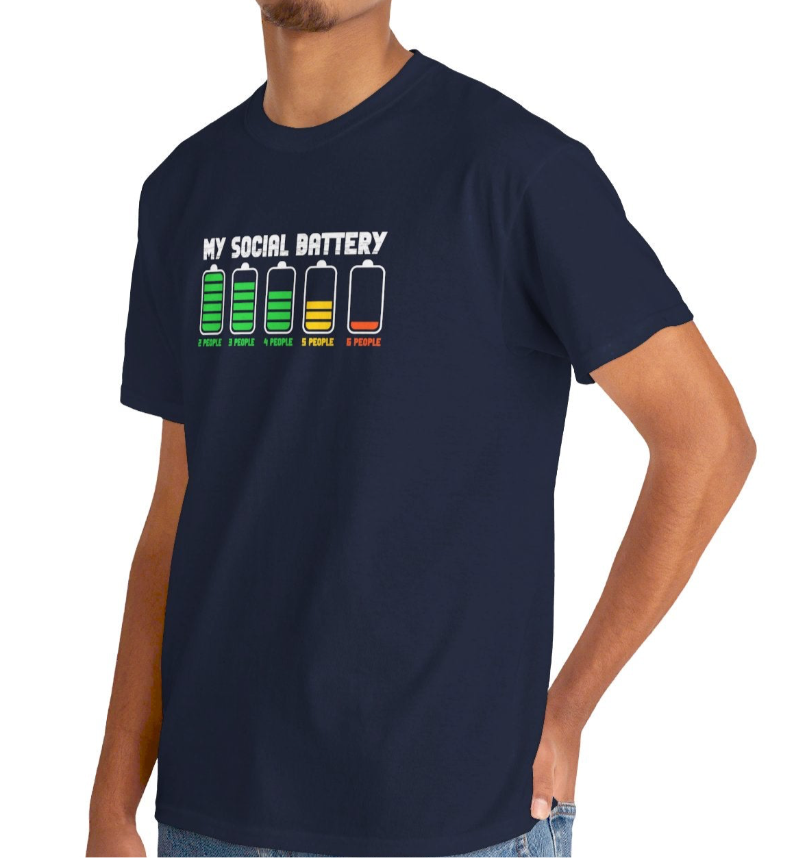  person wearing a navy blue T-shirt with a battery icon graphic displaying varying levels and the text "My Social Battery." Part of the Vivid Divergence Sensory Friendly Unisex Tees Range.