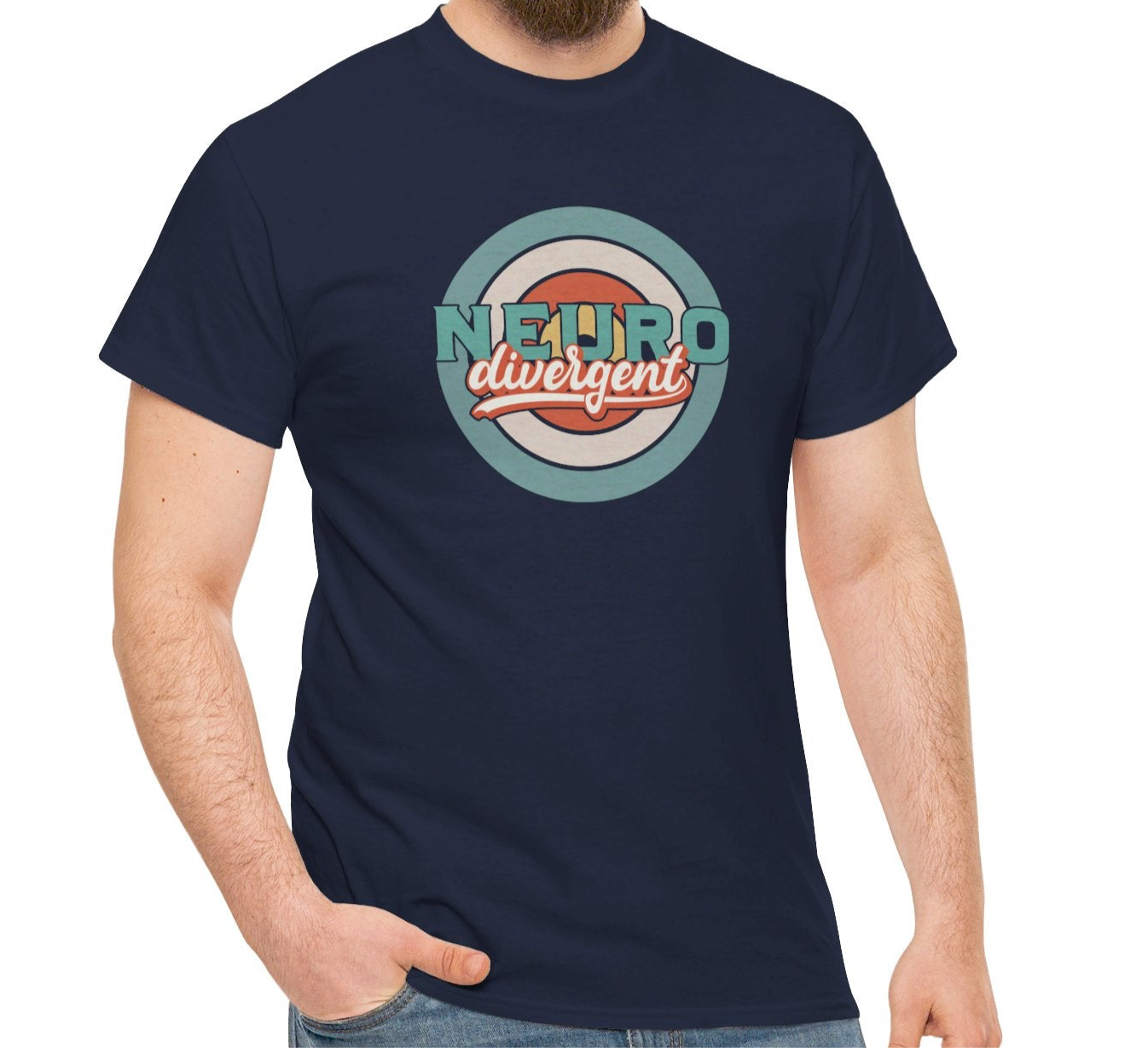 A person wearing a navy blue T-shirt with a retro-style target graphic and the text "Neurodivergent" in bold lettering. Part of the Vivid Divergence Sensory Friendly Unisex Tees Range.