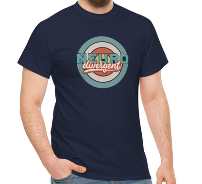 A person wearing a navy blue T-shirt with a retro-style target graphic and the text "Neurodivergent" in bold lettering. Part of the Vivid Divergence Sensory Friendly Unisex Tees Range.