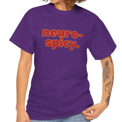 A person wearing a purple T-shirt with the text "Neuro-Spicy" in retro-style lettering. Part of the Vivid Divergence Sensory Friendly Unisex Tees Range.