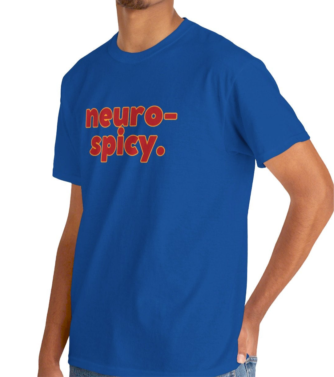 A person wearing a royal blue T-shirt with the text "Neuro-Spicy" in retro-style lettering. Part of the Vivid Divergence Sensory Friendly Unisex Tees Range.
