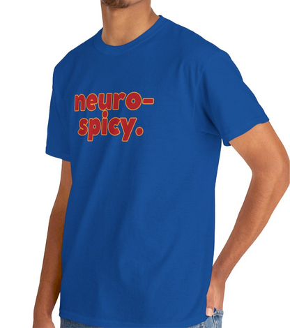 A person wearing a royal blue T-shirt with the text "Neuro-Spicy" in retro-style lettering. Part of the Vivid Divergence Sensory Friendly Unisex Tees Range.