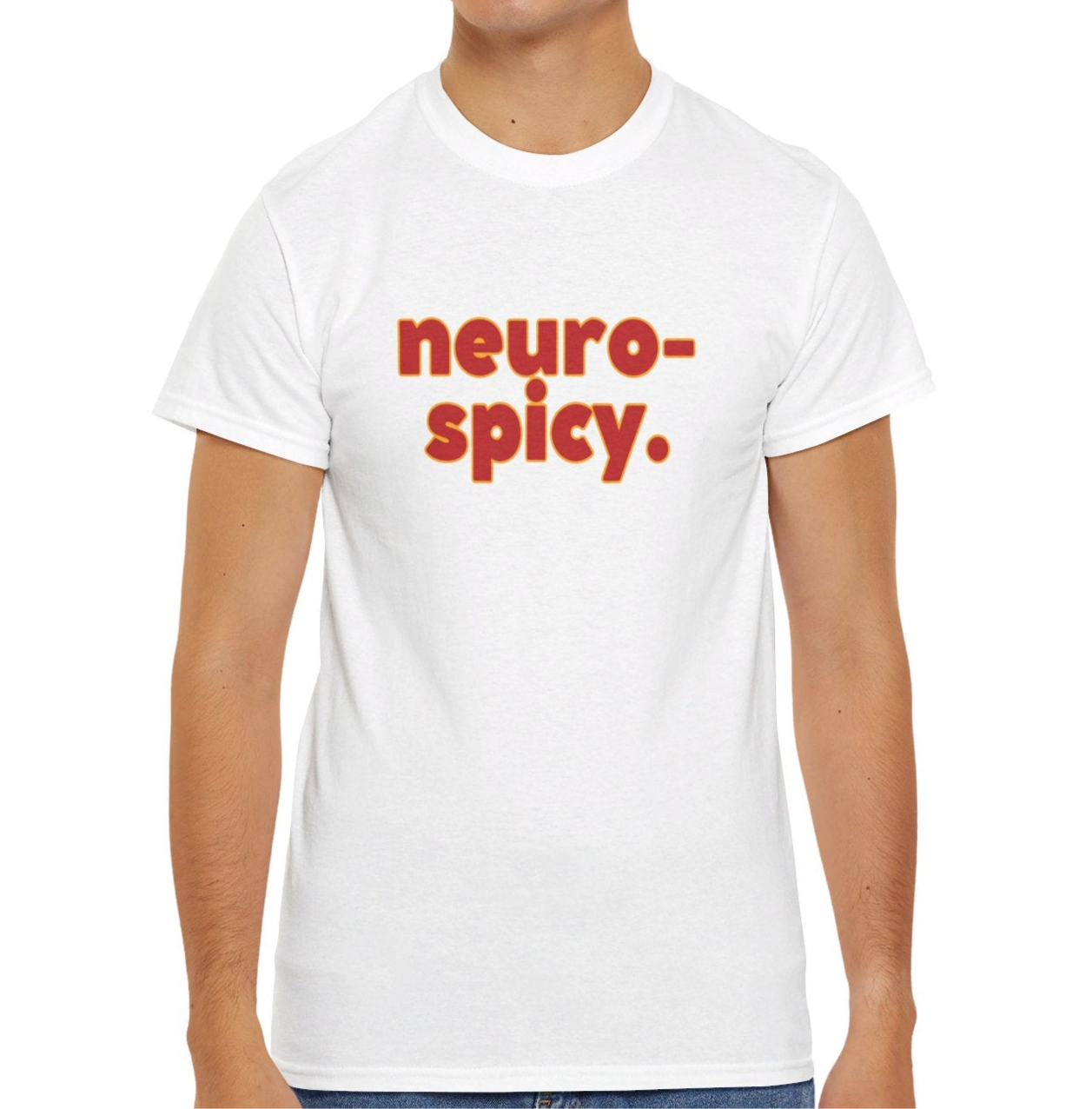  A person wearing a white T-shirt with the text "Neuro-Spicy" in retro-style lettering. Part of the Vivid Divergence Sensory Friendly Unisex Tees Range.