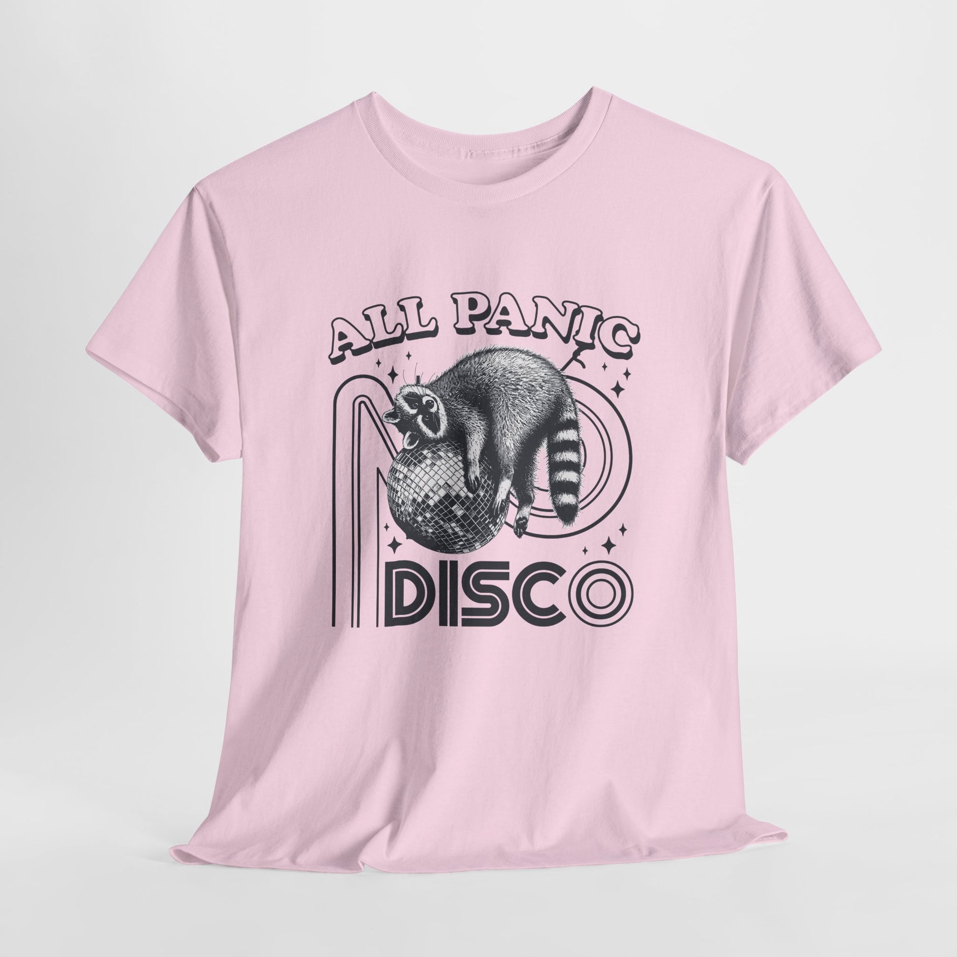 Hanging pink T-shirt featuring "All Panic No Disco" text with a raccoon illustration inside a disco ball. Part of the Vivid Divergence Sensory Friendly Unisex Tees Range.