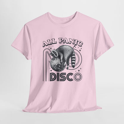 Hanging pink T-shirt featuring "All Panic No Disco" text with a raccoon illustration inside a disco ball. Part of the Vivid Divergence Sensory Friendly Unisex Tees Range.