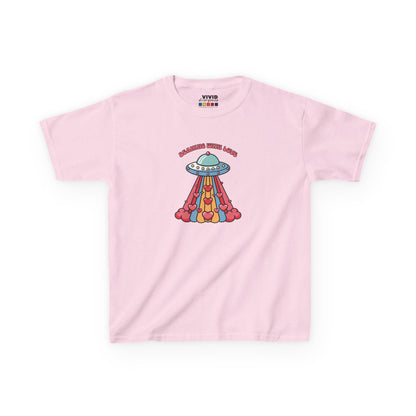 Front view of a pink "Beaming With Love" kids T-shirt featuring a colorful UFO beaming down hearts. Part of the Vivid Divergence Sensory Friendly Kids Shirts Range. The perfect T-shirt for sensory-sensitive kids and comes with a Sensory Satisfaction Promise.