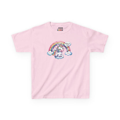 Front view of a pink "Believe In Magic" unicorn kids T-shirt featuring a colorful unicorn under a rainbow. Part of the Vivid Divergence Sensory Friendly Kids Shirts Range. The perfect T-shirt for sensory-sensitive kids and comes with a Sensory Satisfaction Promise.