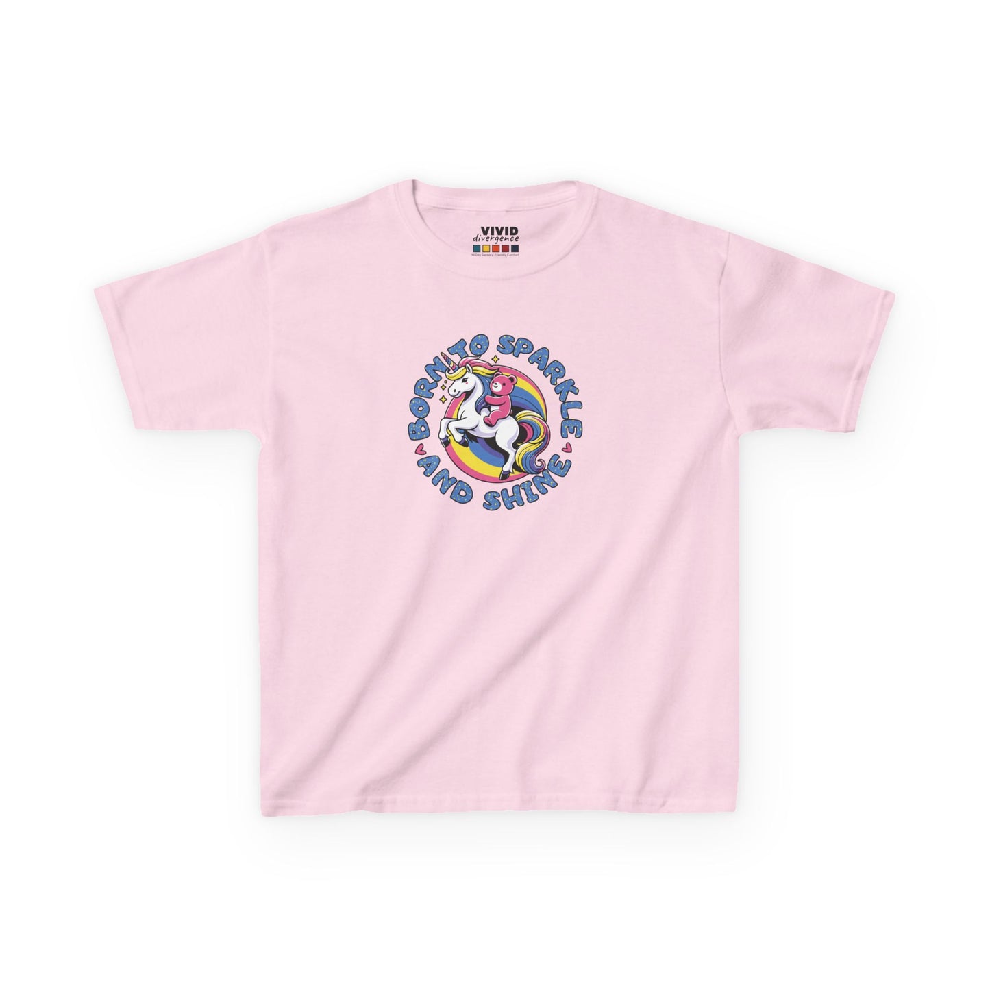 Front view of a pink "Born To Sparkle Shine" unicorn kids T-shirt featuring a colorful unicorn graphic. Part of the Vivid Divergence Sensory Friendly Kids Shirts Range. The perfect T-shirt for sensory-sensitive kids and comes with a Sensory Satisfaction Promise.