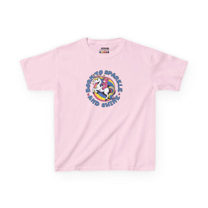 Front view of a pink "Born To Sparkle Shine" unicorn kids T-shirt featuring a colorful unicorn graphic. Part of the Vivid Divergence Sensory Friendly Kids Shirts Range. The perfect T-shirt for sensory-sensitive kids and comes with a Sensory Satisfaction Promise.