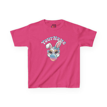 Pink kids' T-shirt featuring a bunny blowing bubblegum, customizable with your child's name. Looking for the perfect Easter shirts for kids? Whether you’re shopping for Easter shirts for boys, Easter shirts for girls, or Easter shirts for toddlers, we’ve got festive and fun options for everyone! Hop into the season in style and shop Easter shirts online today!