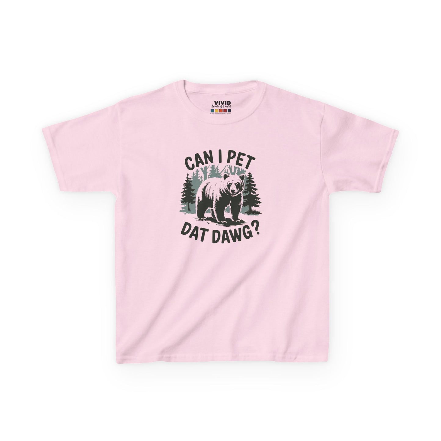 Front view of a pink "Can I Pet Dat Dawg" meme kids T-shirt featuring a playful dog graphic. Part of the Vivid Divergence Sensory Friendly Kids Shirts Range. The perfect T-shirt for sensory-sensitive kids and comes with a Sensory Satisfaction Promise.