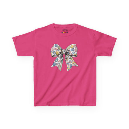 Pink kids' T-shirt featuring a delicate floral bow design in a coquette aesthetic, perfect for Easter celebrations. Hop into the season in style and shop Easter shirts online today!