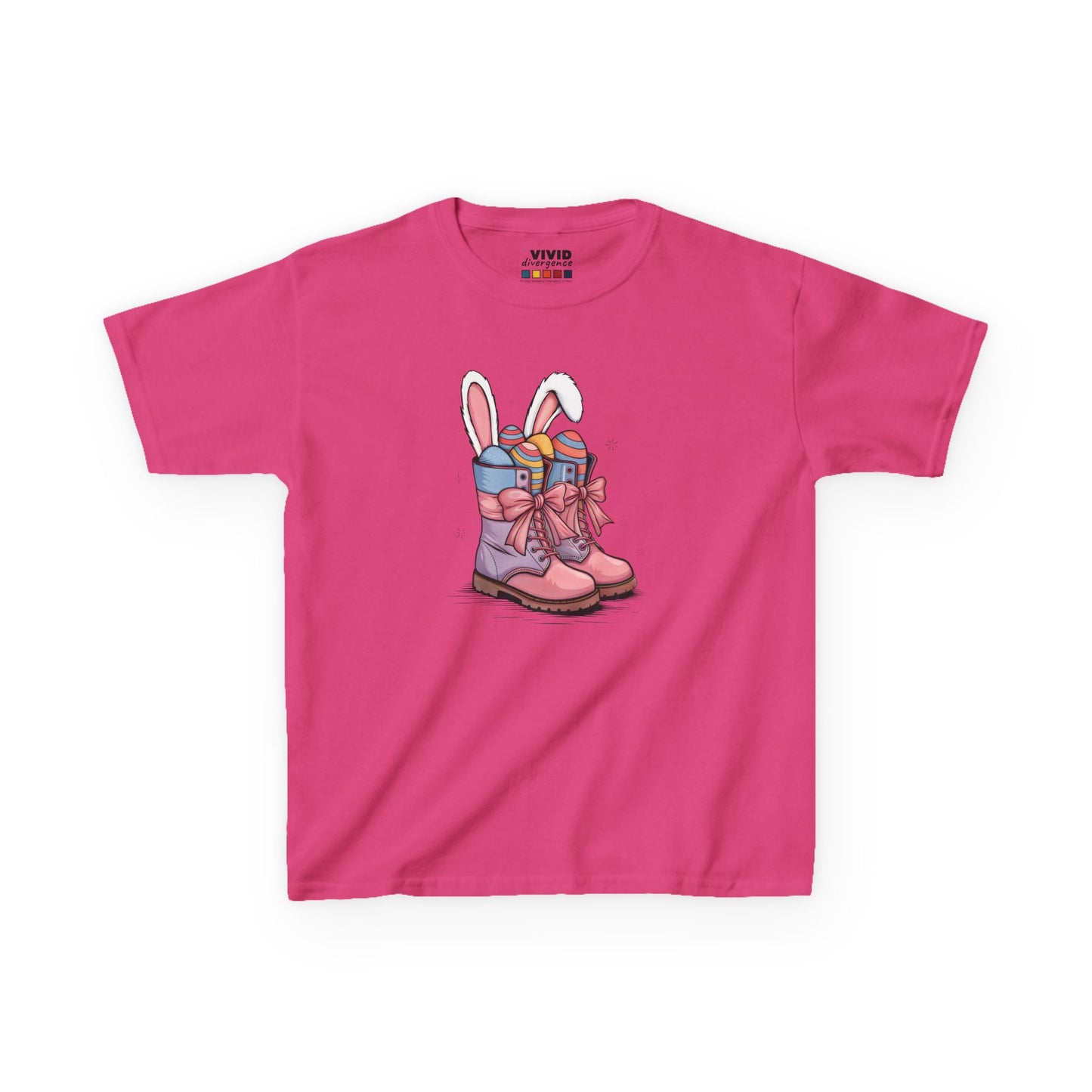 Pink kids' T-shirt featuring festive cowgirl boots filled with Easter eggs and bunny ears. A cute and fun Easter outfit. Hop into the season in style and shop Easter shirts online today!