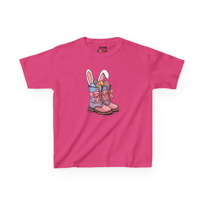 Pink kids' T-shirt featuring festive cowgirl boots filled with Easter eggs and bunny ears. A cute and fun Easter outfit. Hop into the season in style and shop Easter shirts online today!