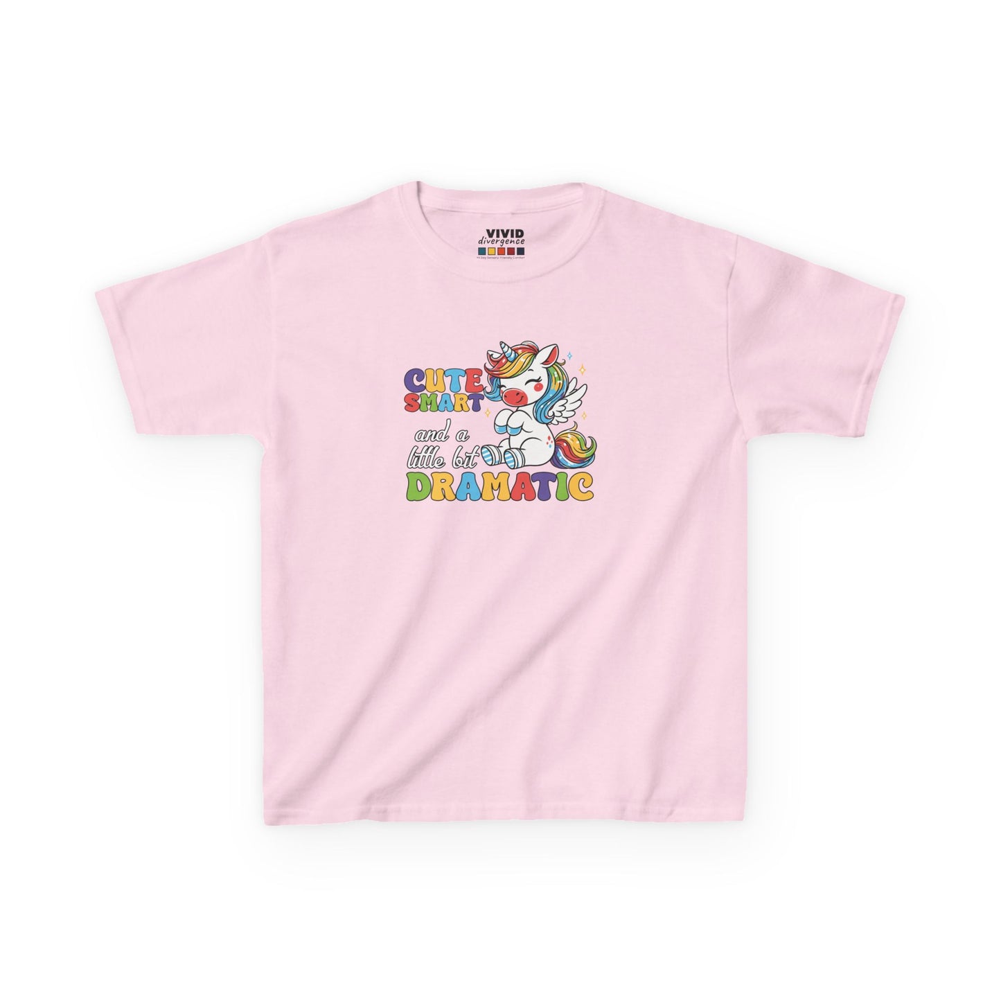 Front view of a pink "Cute, Smart, and a Little Bit Dramatic" unicorn kids T-shirt featuring a colorful unicorn graphic with playful text. Part of the Vivid Divergence Sensory Friendly Kids Shirts Range. The perfect T-shirt for sensory-sensitive kids and comes with a Sensory Satisfaction Promise.