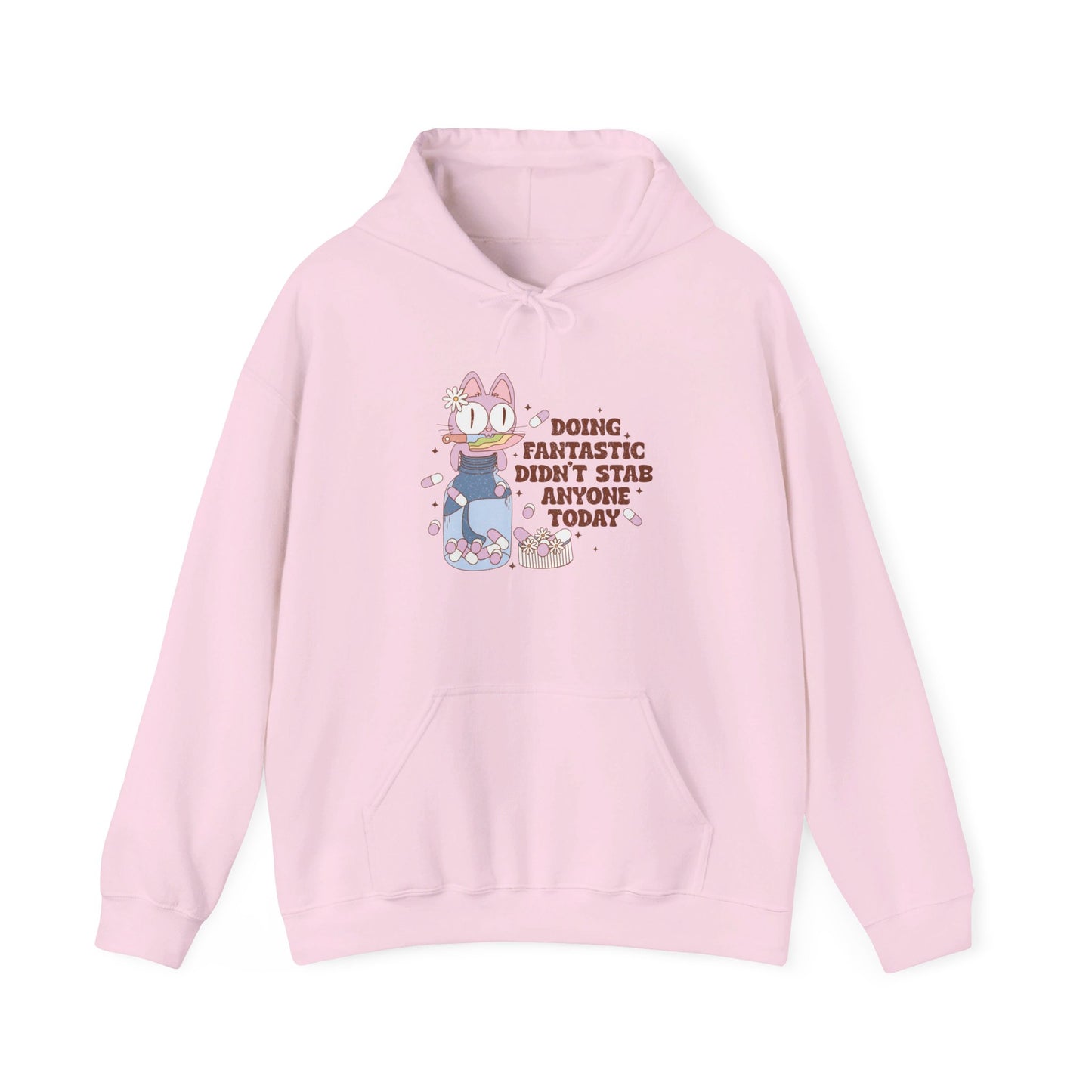 Front view of a pink hoodie featuring the text "Doing Fantastic, Didn’t Stab Anyone Today" and a cartoon illustration of a raccoon holding a knife. Part of the Vivid Divergence Sensory Friendly Unisex Hoodie Range.