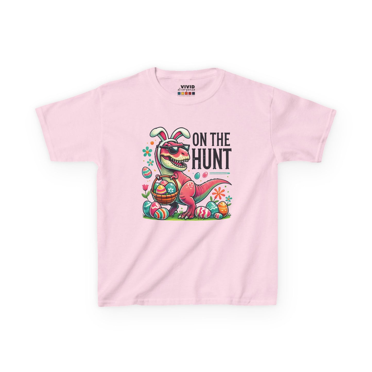 Pink kids' T-shirt with a cheerful Easter dinosaur, "On the Hunt" text, and colorful eggs. A festive choice for Easter fun. Hop into the season in style and shop Easter shirts online today!