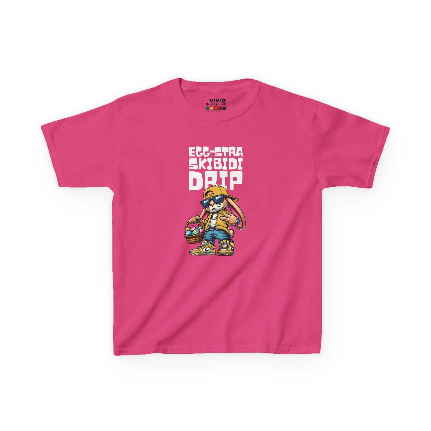 Pink kids' T-shirt with a trendy Skibidi bunny and "Egg-Stra Skibidi Drip" text, a fun and bold Easter outfit. Hop into the season in style and shop Easter shirts online today!