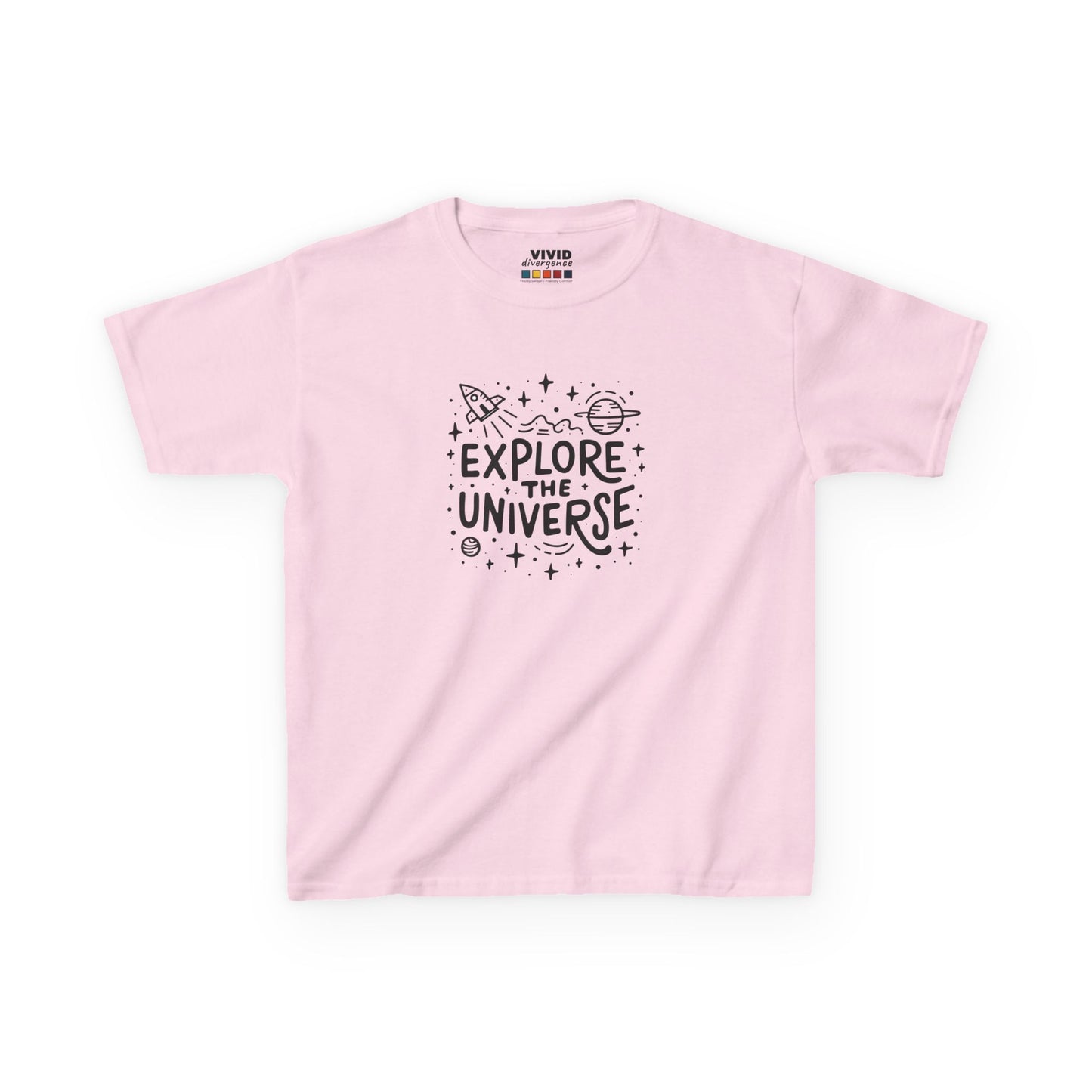 Front view of a pink "Explore The Universe" kids T-shirt featuring a space-themed graphic with stars and planets. Part of the Vivid Divergence Sensory Friendly Kids Shirts Range. The perfect T-shirt for sensory-sensitive kids and comes with a Sensory Satisfaction Promise.
