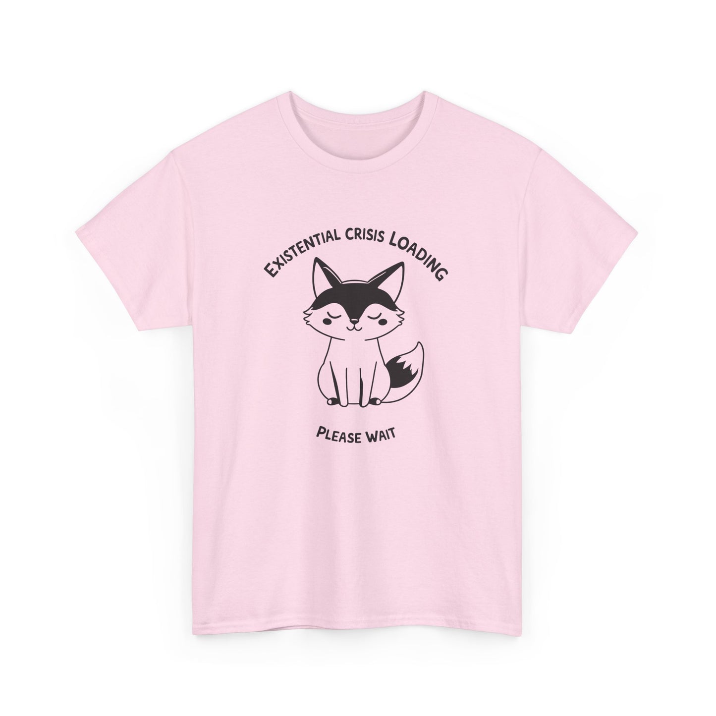 Light pink T-shirt with a black and white fox graphic and "Existential Crisis Loading, Please Wait" text, front view. Part of the Vivid Divergence Sensory Friendly Unisex Tees Range.