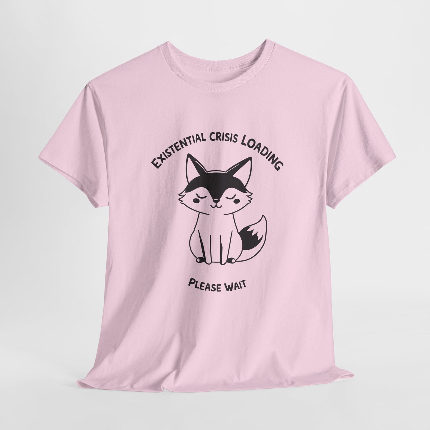 Light pink T-shirt with a black and white fox graphic and "Existential Crisis Loading, Please Wait" text, hanging view. Part of the Vivid Divergence Sensory Friendly Unisex Tees Range.