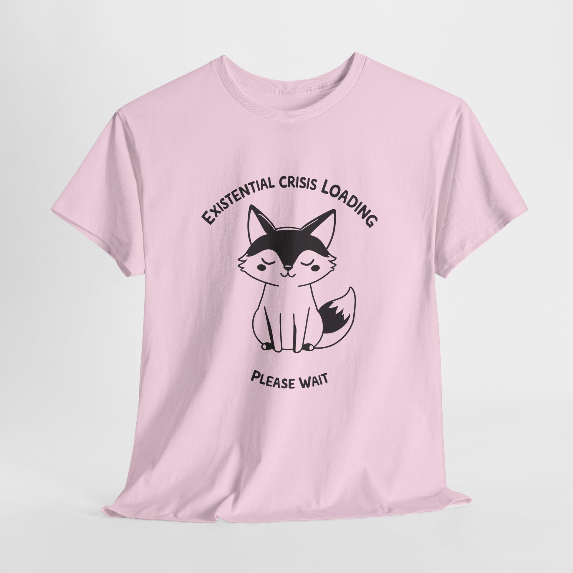 Light pink T-shirt with a black and white fox graphic and "Existential Crisis Loading, Please Wait" text, hanging view. Part of the Vivid Divergence Sensory Friendly Unisex Tees Range.