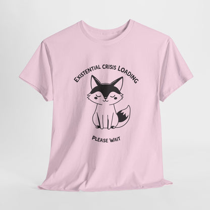 Light pink T-shirt with a black and white fox graphic and "Existential Crisis Loading, Please Wait" text, hanging view. Part of the Vivid Divergence Sensory Friendly Unisex Tees Range.