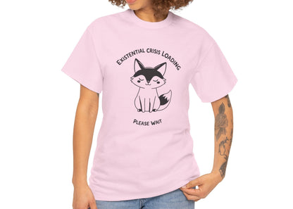 Woman with curly hair wearing a light pink T-shirt with a black and white fox graphic and "Existential Crisis Loading, Please Wait" text. Part of the Vivid Divergence Sensory Friendly Unisex Tees Range.
