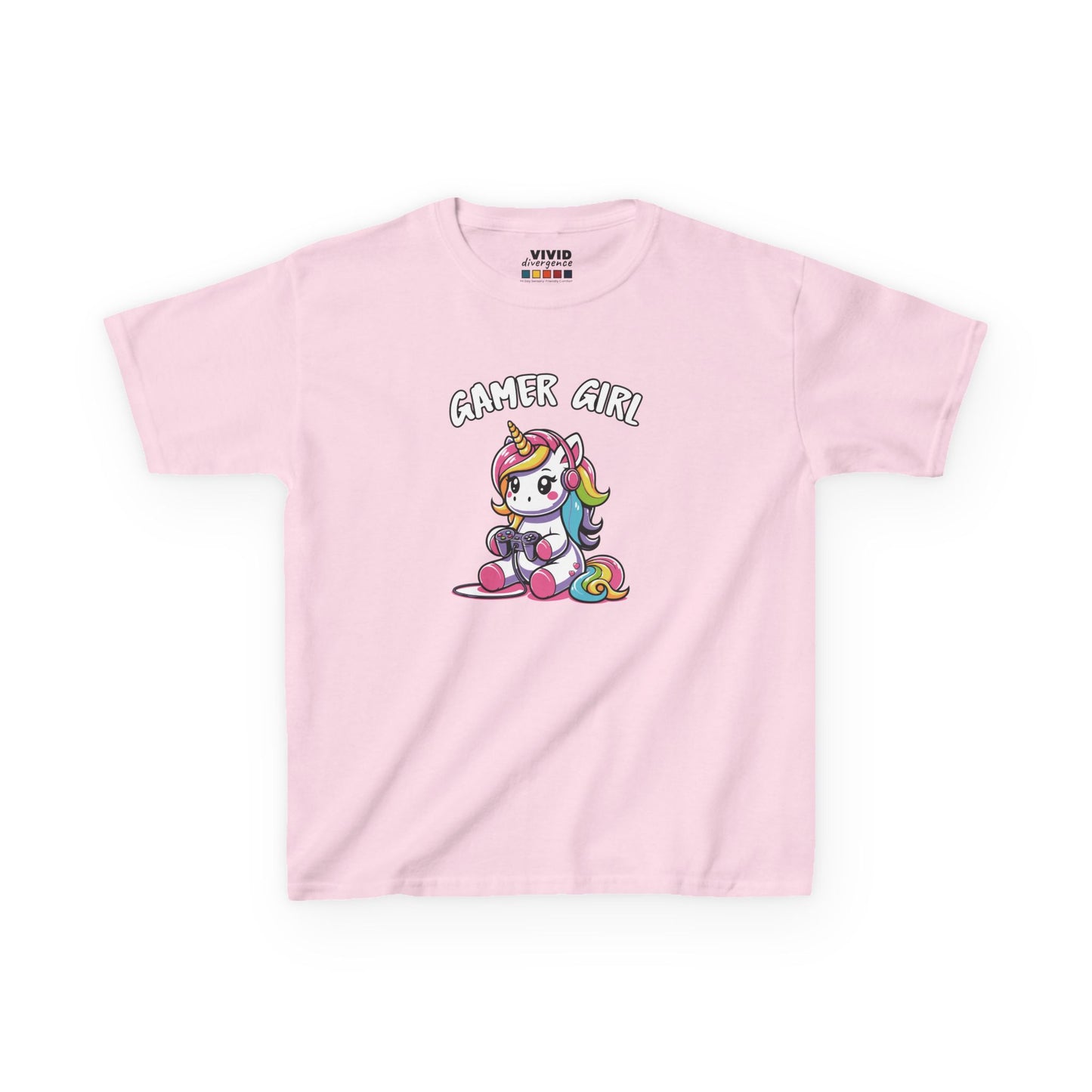 Front view of a pink "Gamer Girl" unicorn kids T-shirt featuring a unicorn with gaming gear. Part of the Vivid Divergence Sensory Friendly Kids Shirts Range. The perfect T-shirt for sensory-sensitive kids and comes with a Sensory Satisfaction Promise.
