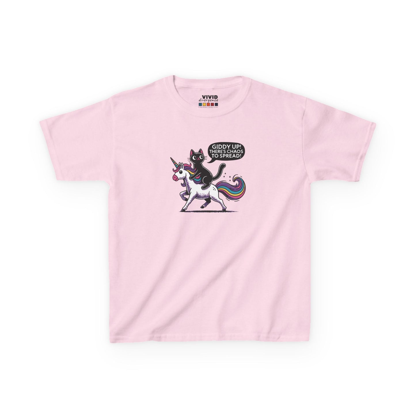 Front view of a pink "Giddy Up, There's Chaos to Spread" cat and unicorn kids T-shirt with a playful graphic. Part of the Vivid Divergence Sensory Friendly Kids Shirts Range. The perfect T-shirt for sensory-sensitive kids and comes with a Sensory Satisfaction Promise.