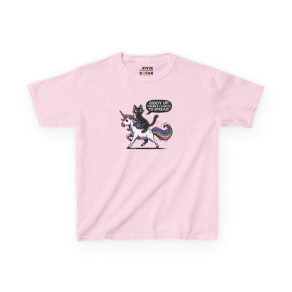 Front view of a pink "Giddy Up, There's Chaos to Spread" cat and unicorn kids T-shirt with a playful graphic. Part of the Vivid Divergence Sensory Friendly Kids Shirts Range. The perfect T-shirt for sensory-sensitive kids and comes with a Sensory Satisfaction Promise.