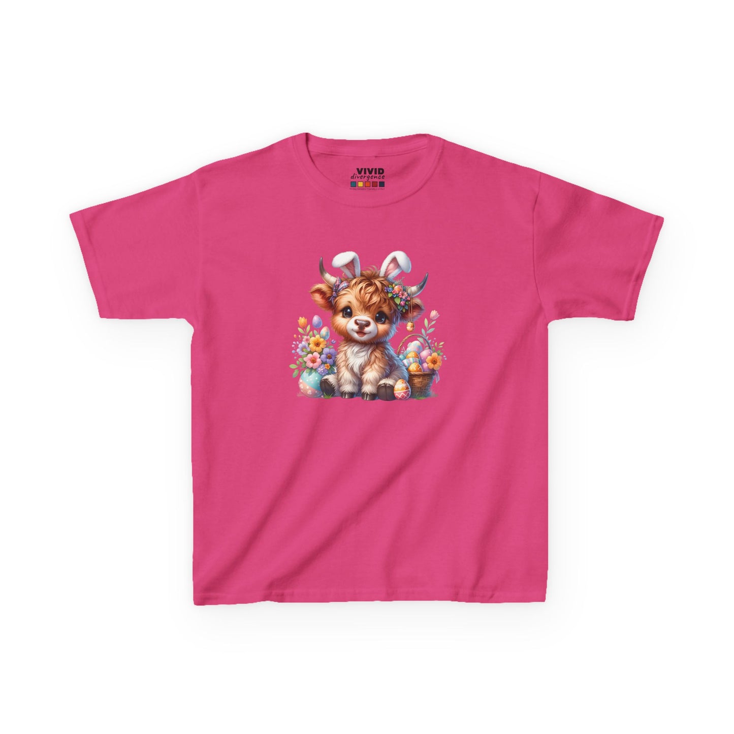 Pink kids' T-shirt featuring a fluffy Highland cow with decorated Easter eggs and flowers, a fun and festive Easter outfit. Hop into the season in style and shop Easter shirts online today!