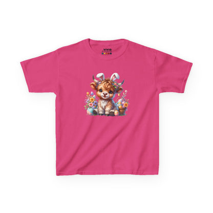 Pink kids' T-shirt featuring a fluffy Highland cow with decorated Easter eggs and flowers, a fun and festive Easter outfit. Hop into the season in style and shop Easter shirts online today!