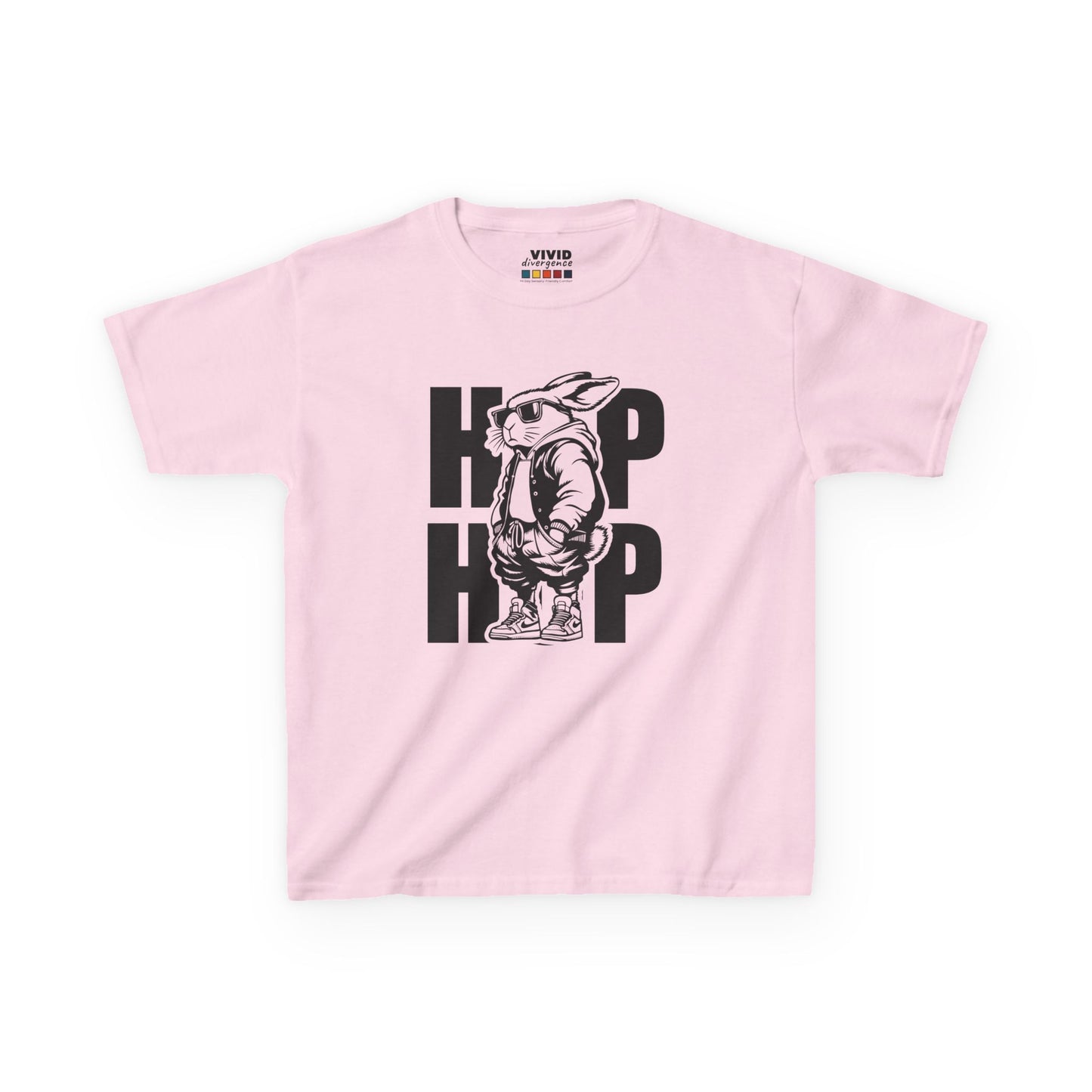 Pink kids' T-shirt featuring a stylish hip-hop bunny with bold "HOP HOP" text. A fun Easter outfit choice. Hop into the season in style and shop Easter shirts online today!
