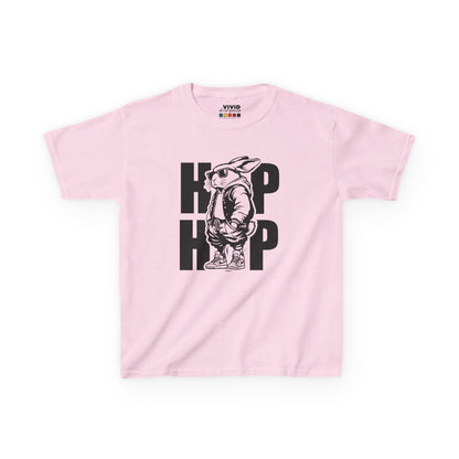Pink kids' T-shirt featuring a stylish hip-hop bunny with bold "HOP HOP" text. A fun Easter outfit choice. Hop into the season in style and shop Easter shirts online today!