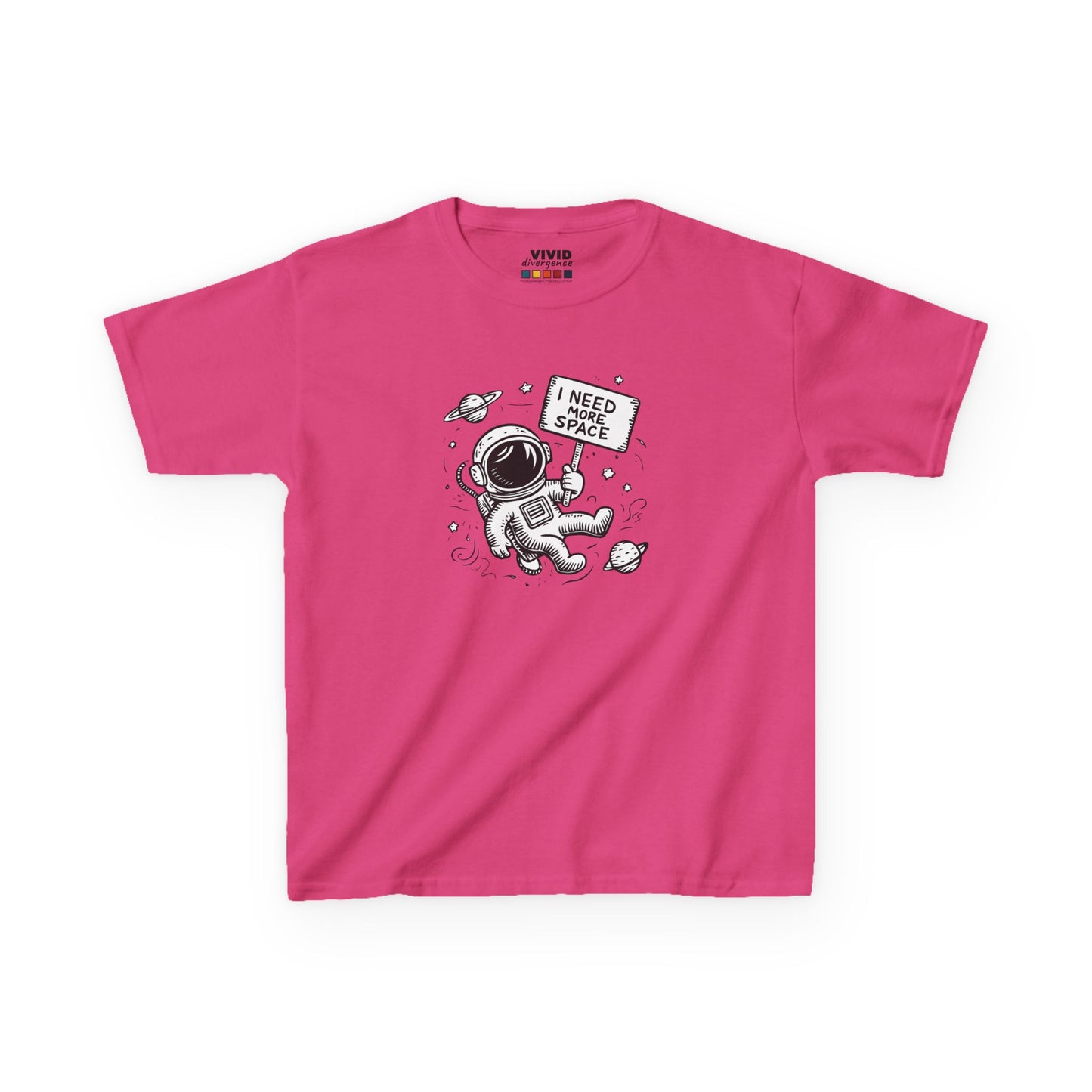 Front view of a pink "I Need More Space" astronaut kids T-shirt featuring a cartoon astronaut floating among space icons. Part of the Vivid Divergence Sensory Friendly Kids Shirts Range. The perfect T-shirt for sensory-sensitive kids and comes with a Sensory Satisfaction Promise.