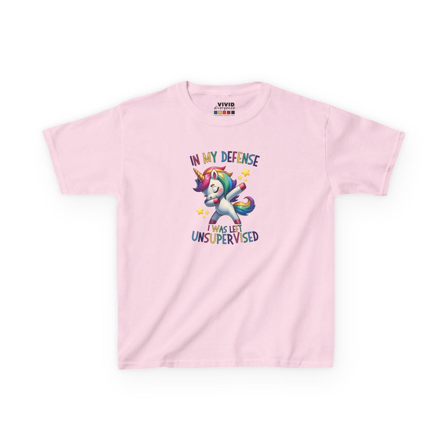Front view of a pink "In My Defense, I Was Left Unsupervised" unicorn kids T-shirt featuring a playful, colorful unicorn graphic. Part of the Vivid Divergence Sensory Friendly Kids Shirts Range. The perfect T-shirt for sensory-sensitive kids and comes with a Sensory Satisfaction Promise.