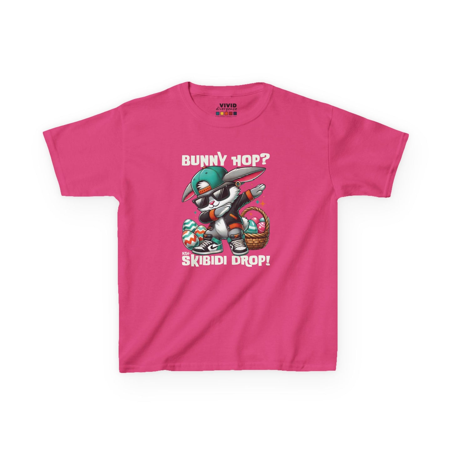 Pink kids' T-shirt with dabbing Easter bunny and playful skibidi slogan. A fun, bold shirt radiating skibidi sigma rizz energy for Easter. Hop into the season in style and shop Easter shirts online today!