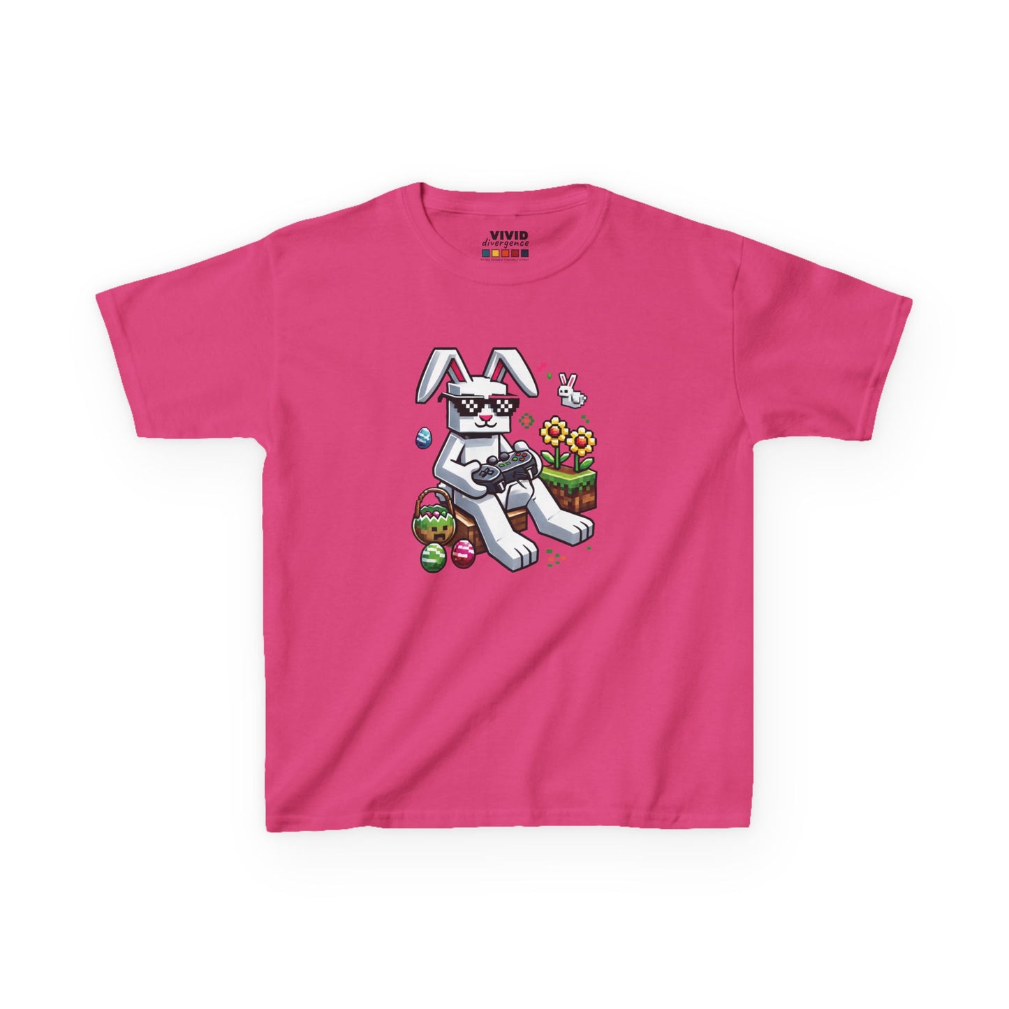 Pink kids' T-shirt featuring a pixel-style Easter bunny with vibrant eggs, a playful holiday outfit for Minecraft fans. Hop into the season in style and shop Easter shirts online today!