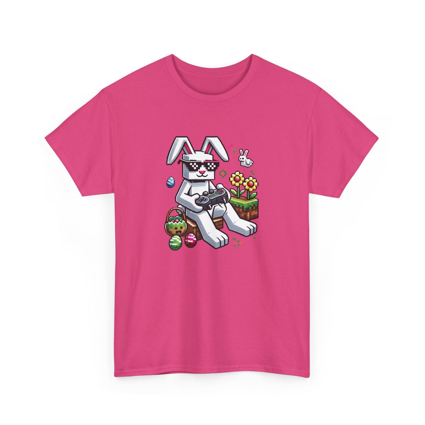 Pink Easter T-shirt featuring a pixelated Easter bunny and gaming-style eggs, a stylish and playful holiday tee. Hop into the season in style and shop Easter shirts online today!