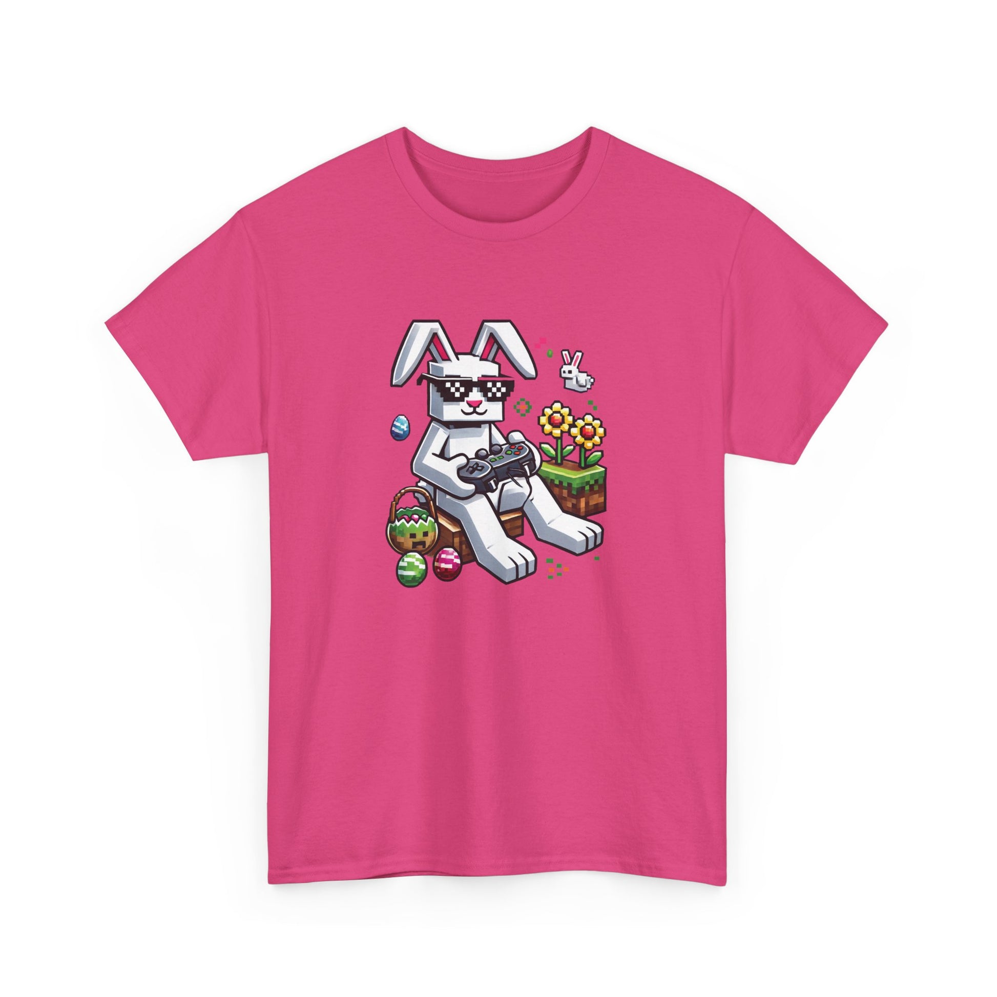 Pink Easter T-shirt featuring a pixelated Easter bunny and gaming-style eggs, a stylish and playful holiday tee. Hop into the season in style and shop Easter shirts online today!
