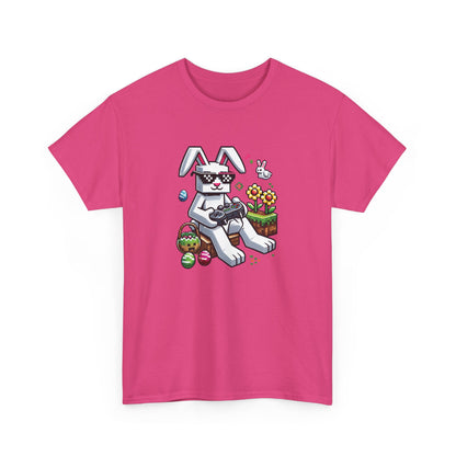 Pink Easter T-shirt featuring a pixelated Easter bunny and gaming-style eggs, a stylish and playful holiday tee. Hop into the season in style and shop Easter shirts online today!