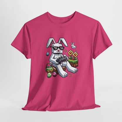 Pink T-shirt hanging, featuring a Minecraft-inspired bunny with colorful pixel eggs, a stylish and playful Easter pick. Hop into the season in style and shop Easter shirts online today!