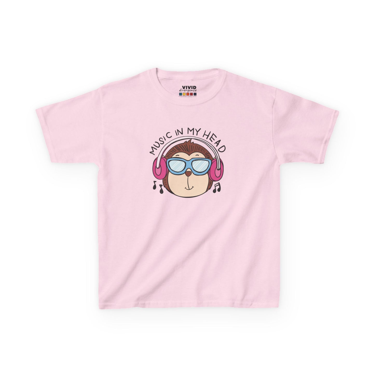 Front view of a pink "Music In My Head" monkey kids T-shirt featuring a cartoon monkey wearing headphones. Part of the Vivid Divergence Sensory Friendly Kids Shirts Range. The perfect T-shirt for sensory-sensitive kids and comes with a Sensory Satisfaction Promise.