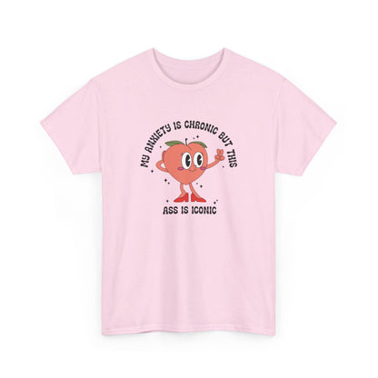 Pink T-shirt showcasing the text "My Anxiety Is Chronic But This Ass Is Iconic" with a bold graphic, displayed on a white background. Part of the Vivid Divergence Sensory Friendly Unisex Tees Range.