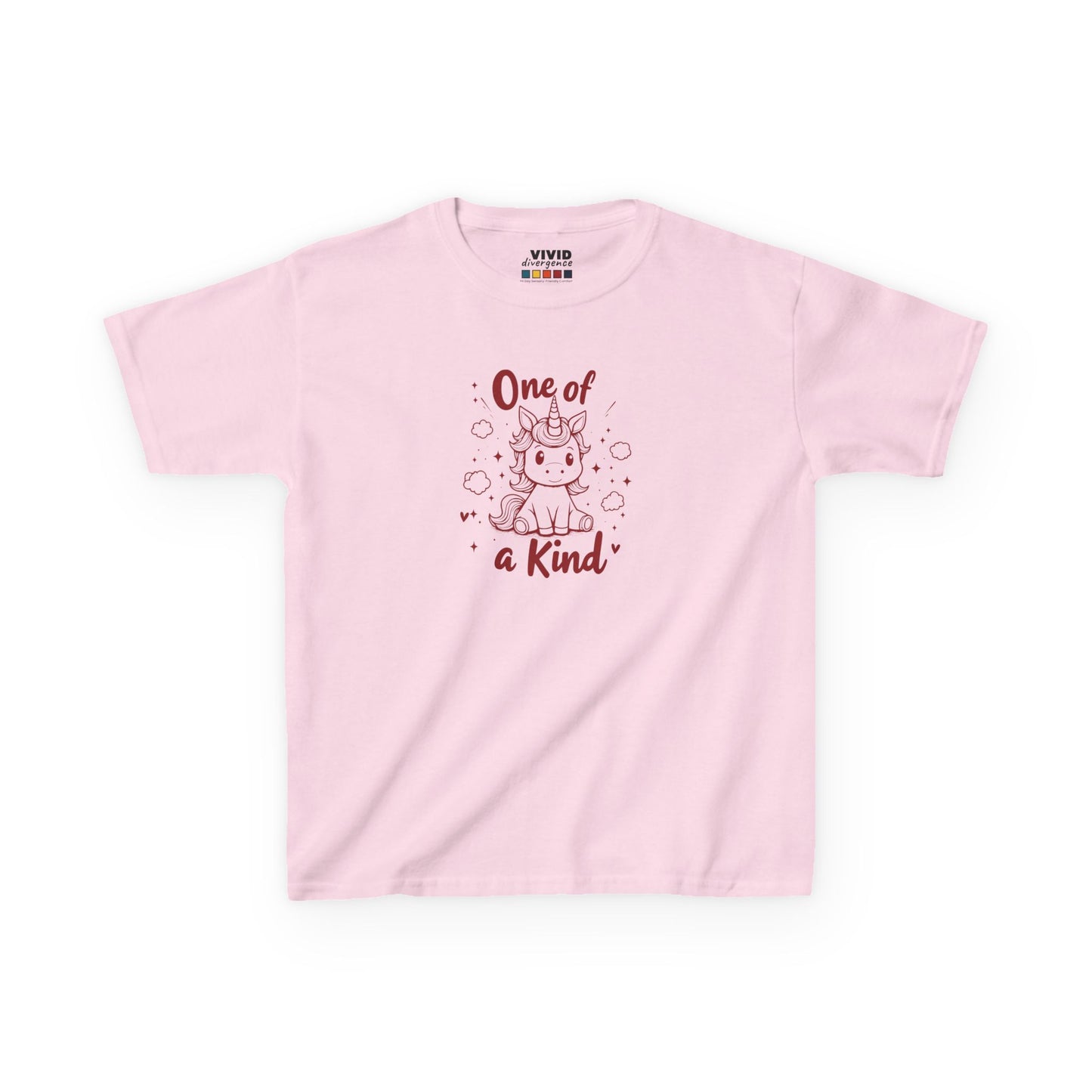 Front view of a pink "One of a Kind" unicorn kids T-shirt with a cute unicorn graphic. Part of the Vivid Divergence Sensory Friendly Kids Shirts Range. The perfect T-shirt for sensory-sensitive kids and comes with a Sensory Satisfaction Promise.