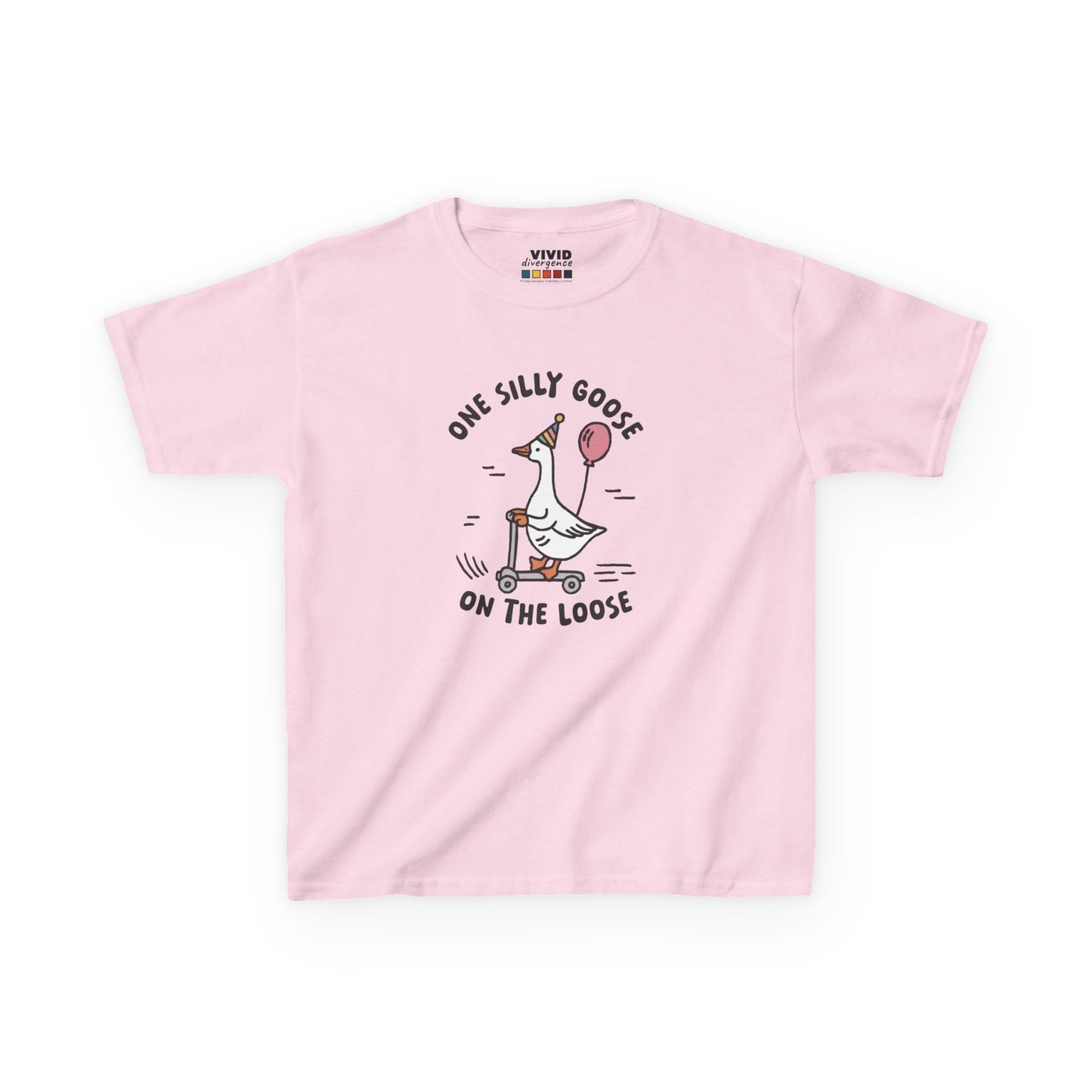 Front view of a pink "One Silly Goose On The Loose" kids T-shirt featuring a playful cartoon goose. Part of the Vivid Divergence Sensory Friendly Kids Shirts Range. The perfect T-shirt for sensory-sensitive kids and comes with a Sensory Satisfaction Promise.