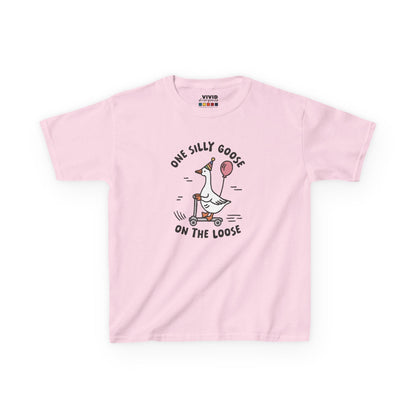 Front view of a pink "One Silly Goose On The Loose" kids T-shirt featuring a playful cartoon goose. Part of the Vivid Divergence Sensory Friendly Kids Shirts Range. The perfect T-shirt for sensory-sensitive kids and comes with a Sensory Satisfaction Promise.